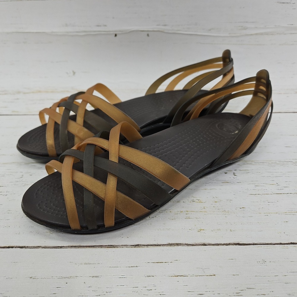 Crocs Huarache Womens 9 Brown Tan Jelly Slip On Strappy Sandals Mini Wedge